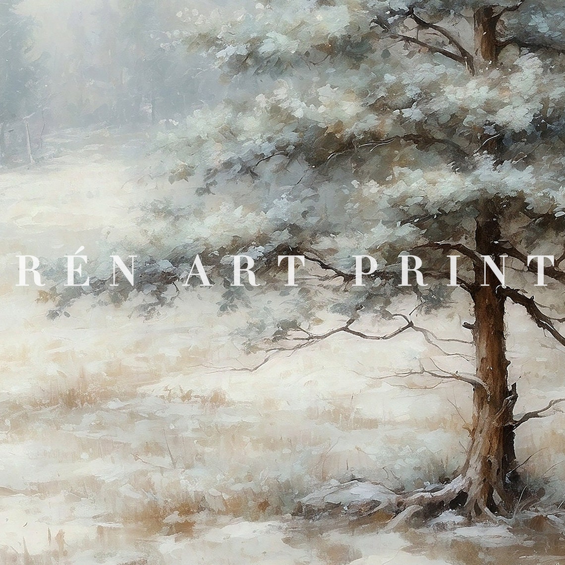Lone Snowy Pine Tree in Misty Winter Field Minimalist Frame TV Poster - Image 3