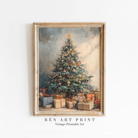 Vintage Christmas Tree Art Print, Rustic Holiday Decor