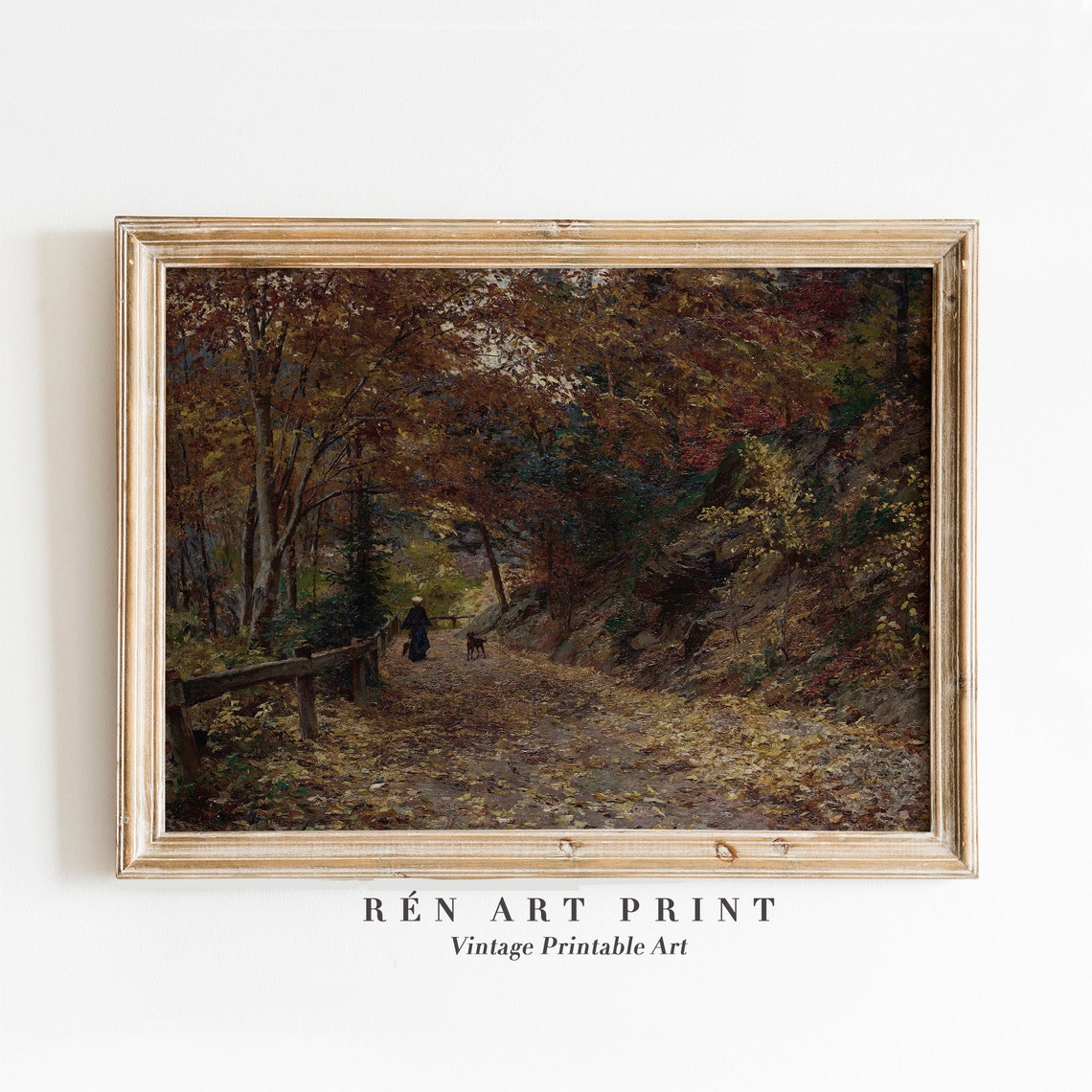 Autumn Forest Path Vintage Woodland Woman Walking Dog Fall Poster