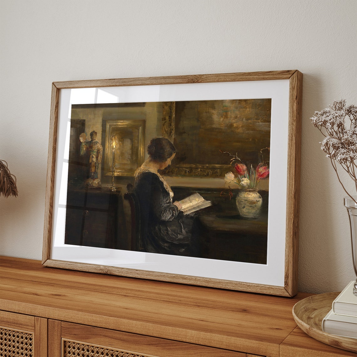 Woman Reading by Candlelight Vintage Interior Oil Painting Print - Image 3