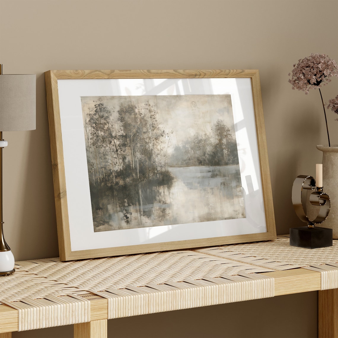 Misty Neutral Lake Landscape with Trees Foggy Vintage Art Poster - Image 3