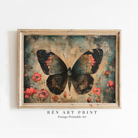 Vintage Butterfly Painting Black Moth Wall Art Antique Aesthetic Wall Art Victorian Home Wall Decor Floral Insect Print
