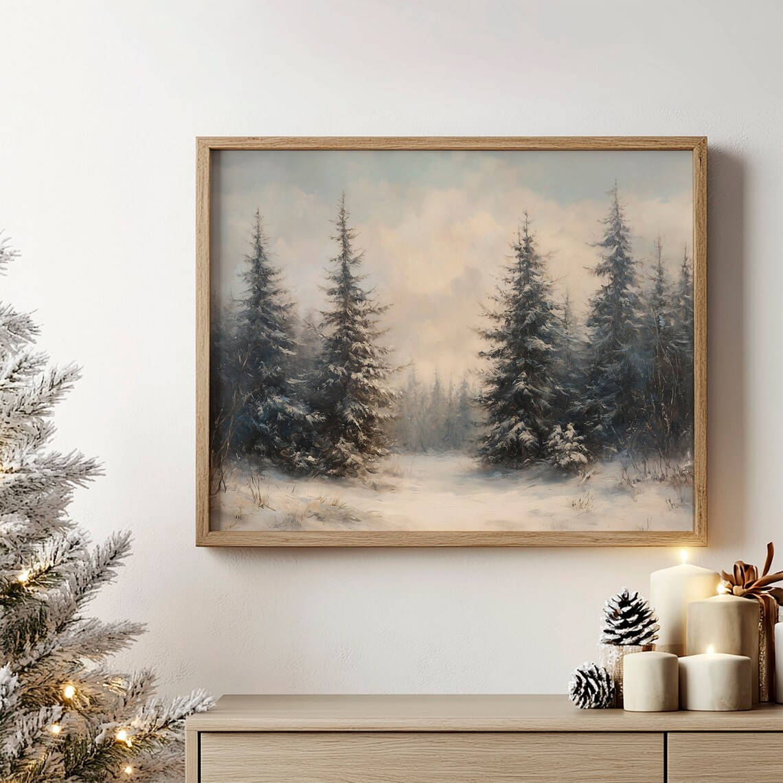Vintage Winter Pine Tree Landscape Art Print - Image 2