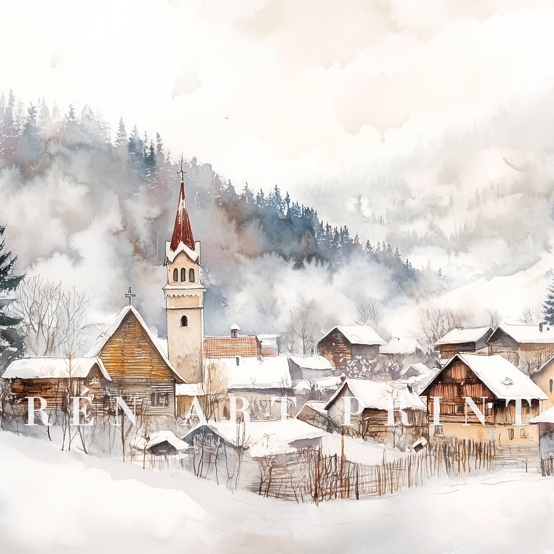 Snowy Village Painting, Vintage Neutral Christmas Art Print - Image 3