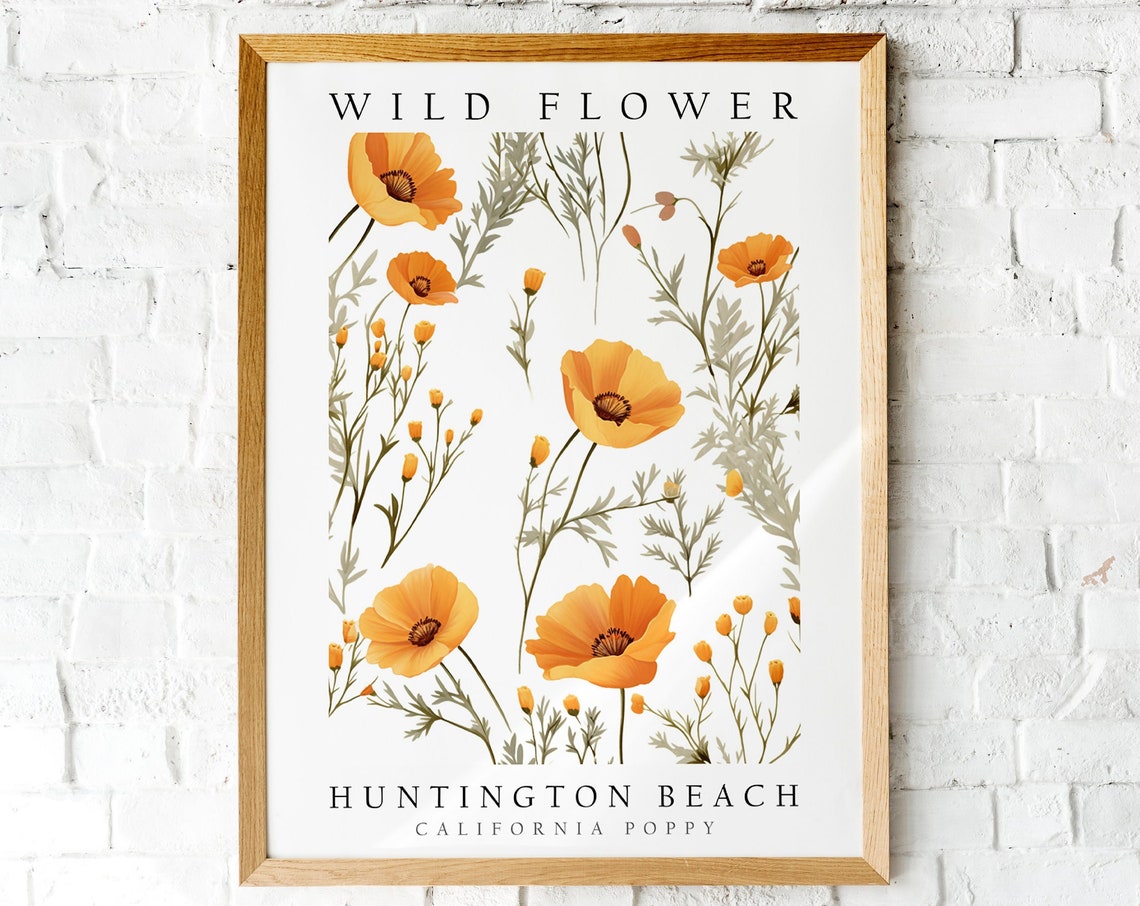 Huntington Beach California Poppy Wild Flower Botanical Poster