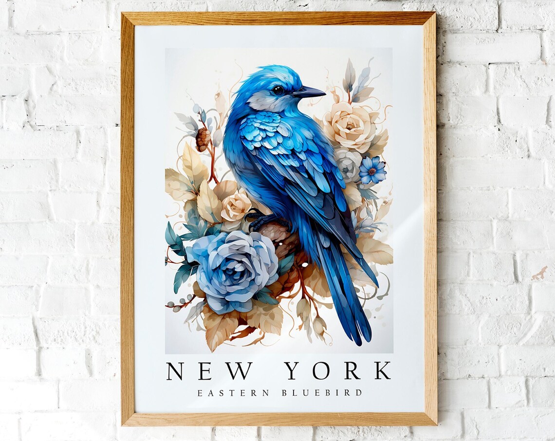 New York Eastern Bluebird Floral Botanical State Bird Art Poster