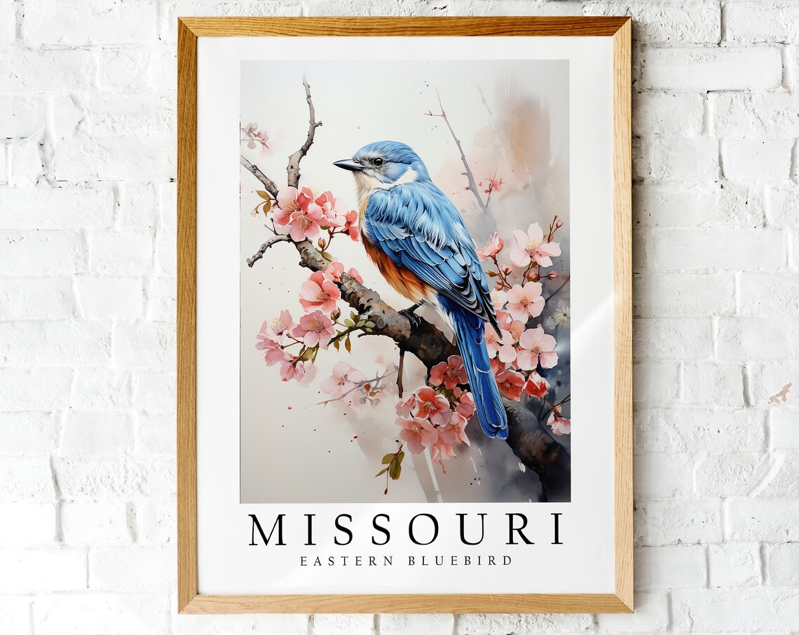 Missouri Eastern Bluebird Watercolor Pink Blossom Bird Poster