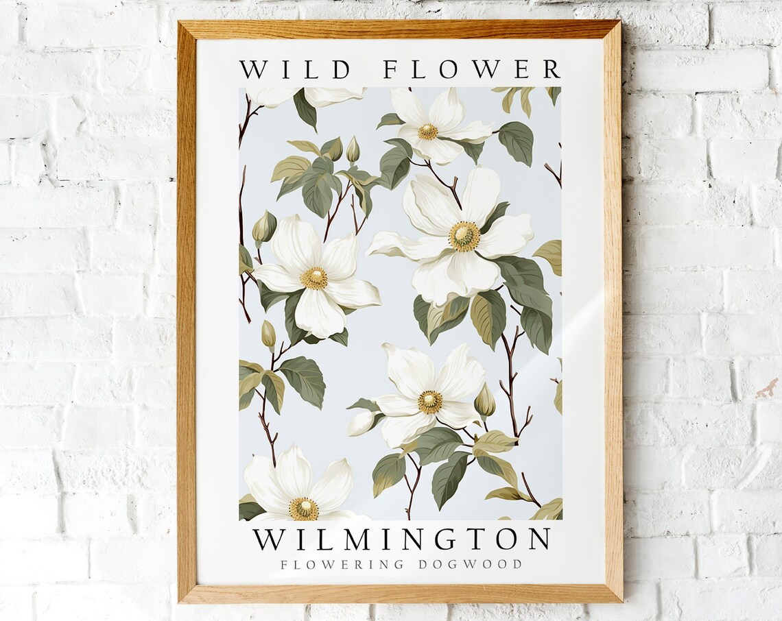 Wilmington Flowering Dogwood Soft Blue Vintage Botanical Poster