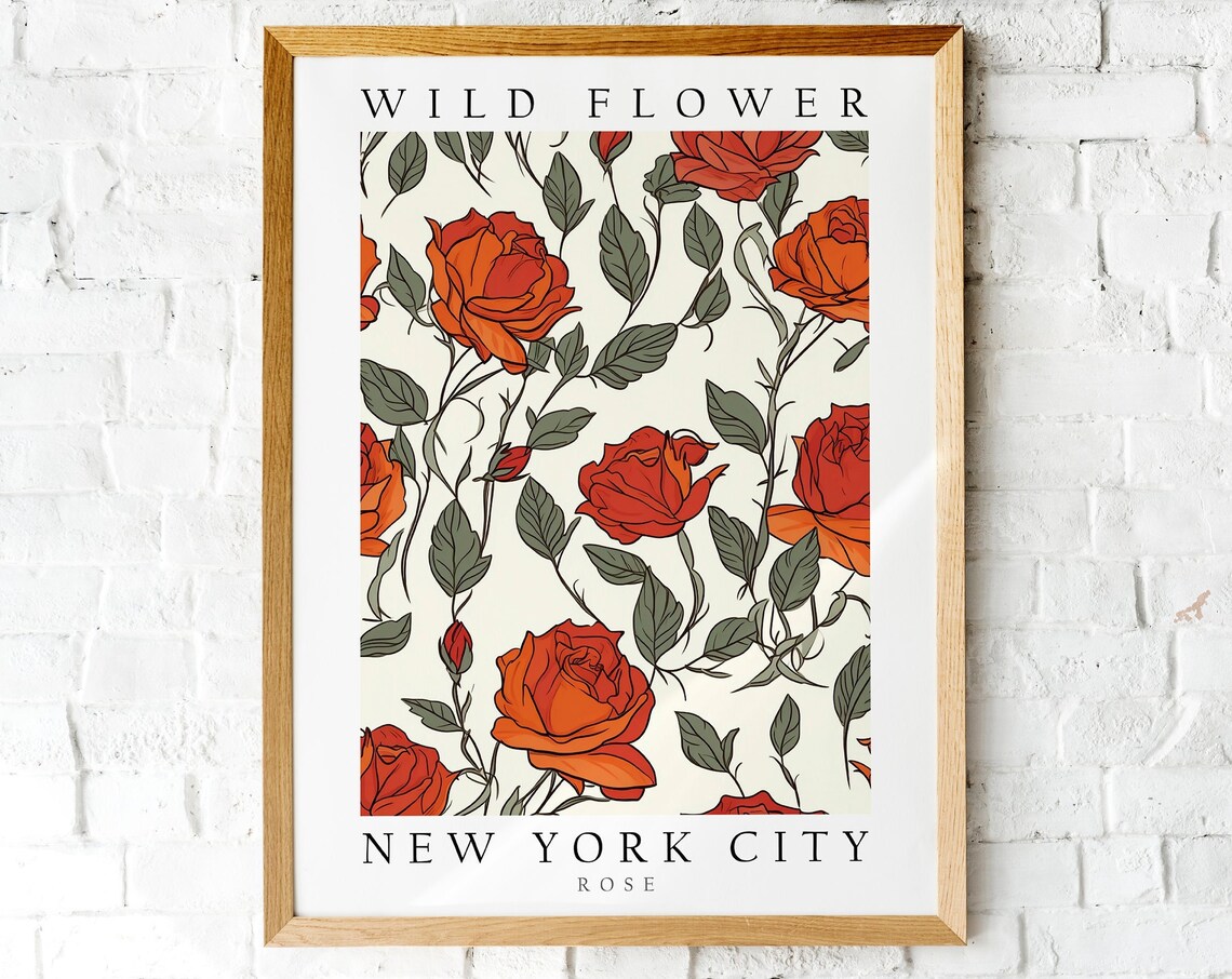 New York City Red Rose Wild Flower Botanical Pattern Illustration Poster