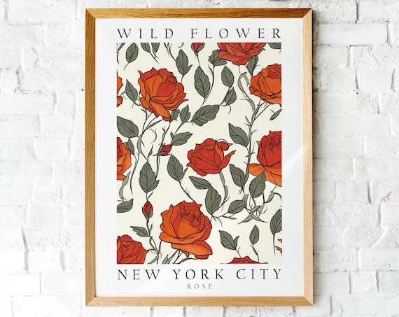 New York City Red Rose Wild Flower Botanical Pattern Illustration Poster