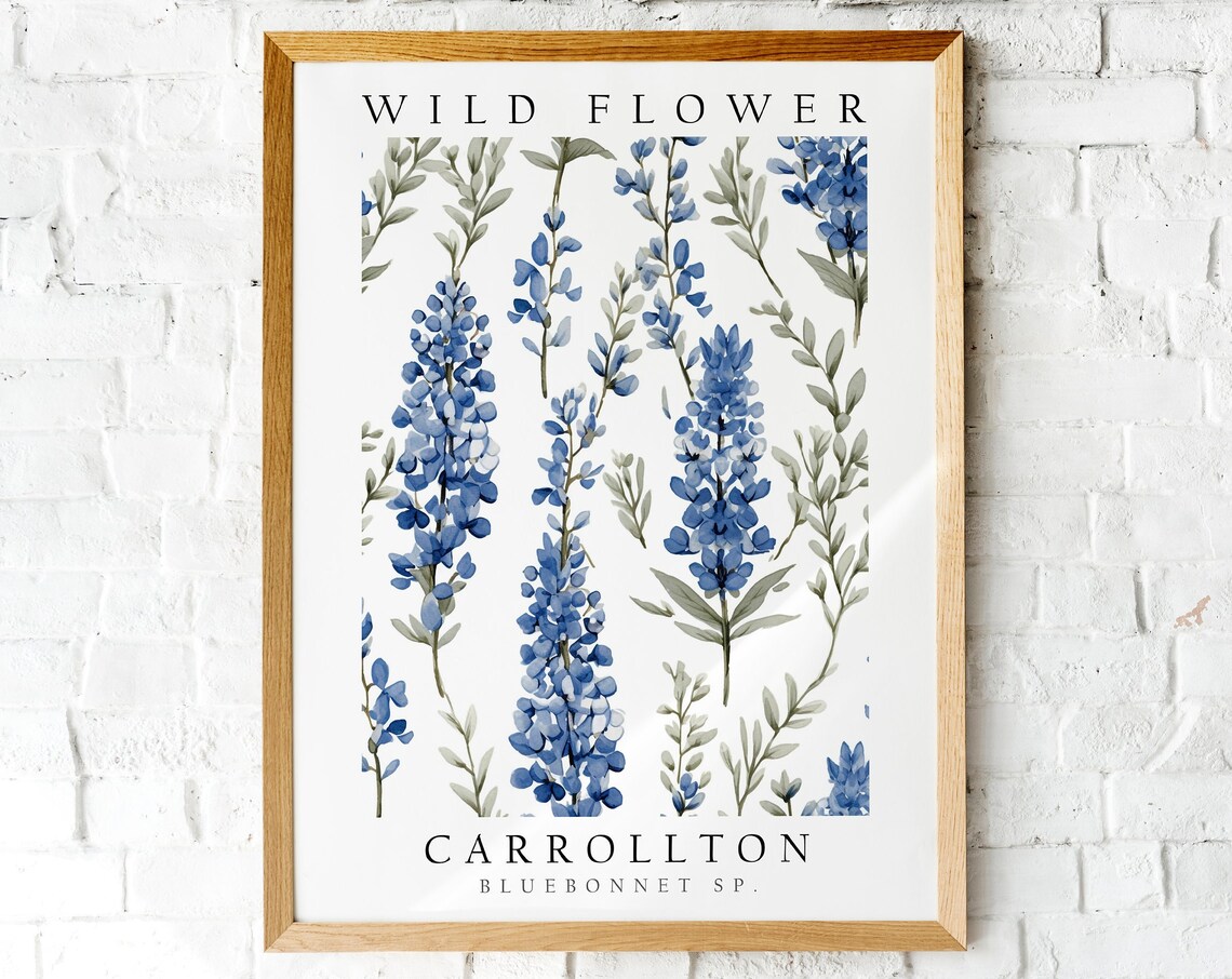 Carrollton Bluebonnet Wildflower Botanical Watercolor Poster