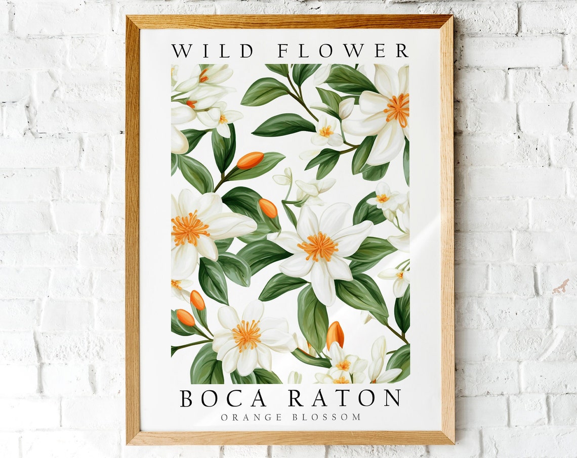 Boca Raton Orange Blossom White Floral Botanical Elegant Art Poster