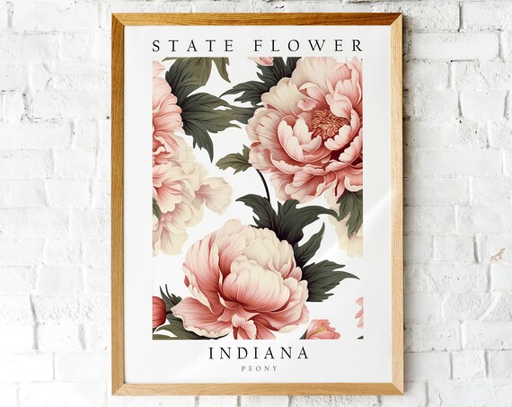 Indiana Peony State Flower Vintage Botanical Floral Wall Print