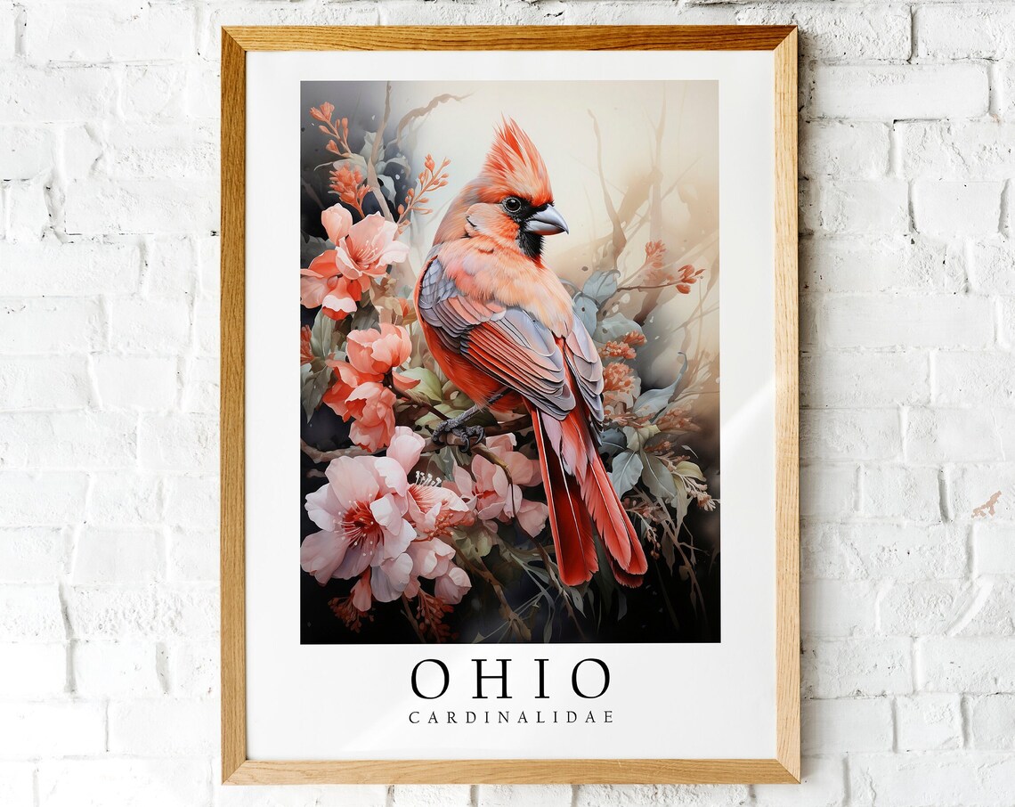 Northern Cardinal Ohio State Bird Watercolor Botanical Art Poster
