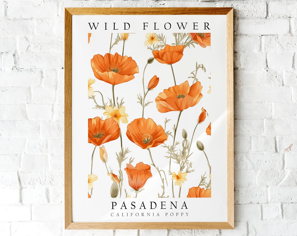 Pasadena California Poppy Tall Orange Wild Flower Botanical Art Poster