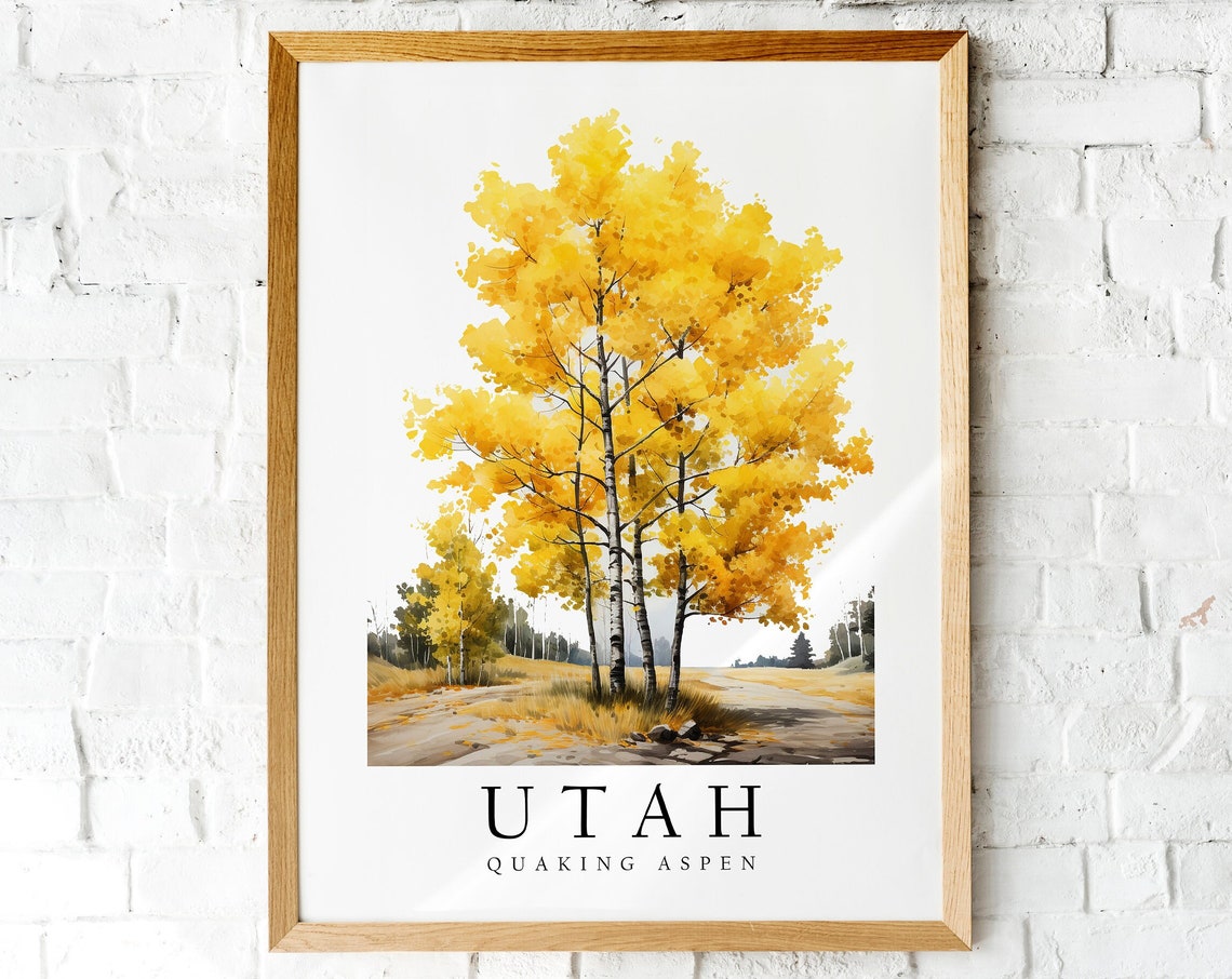 Utah Golden Quaking Aspen Trees Fall Watercolor Botanical Poster