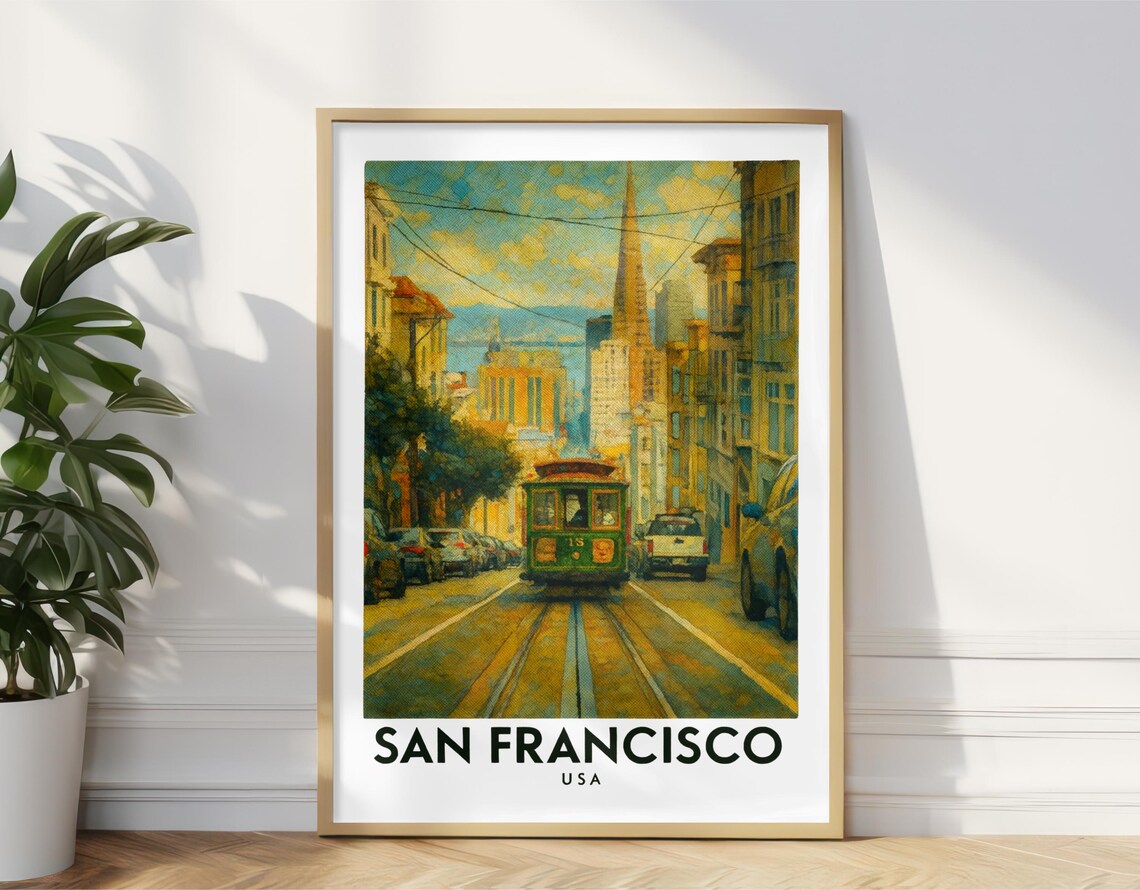 San Francisco Cable Car Street Oil Painting Golden City View Travel Poster