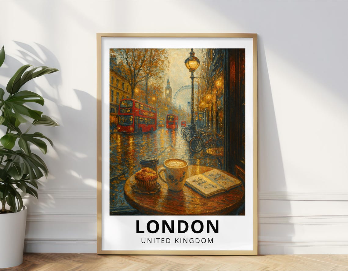 London United Kingdom Oil Painting Travel Poster Rainy Cafe Window Wall Art Print Red Bus Big Ben Street Scene Cozy City Decor