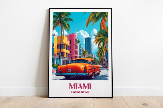 Miami Vintage Orange Car Art Deco Street Palm Trees Travel Poster