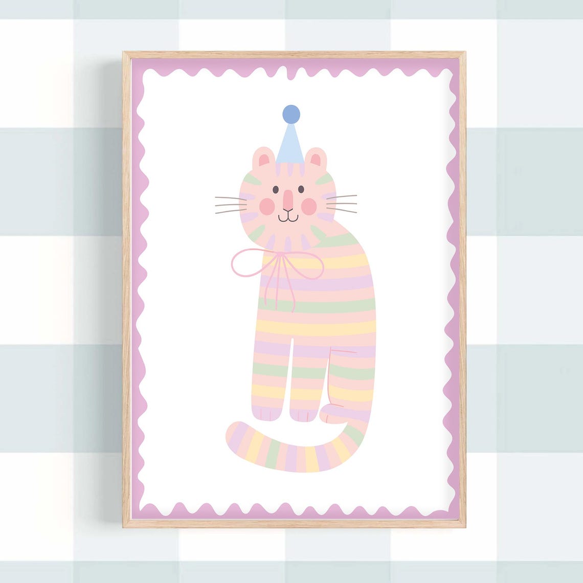 Pastel Rainbow Striped Party Hat Cat Kids Birthday Wall Poster