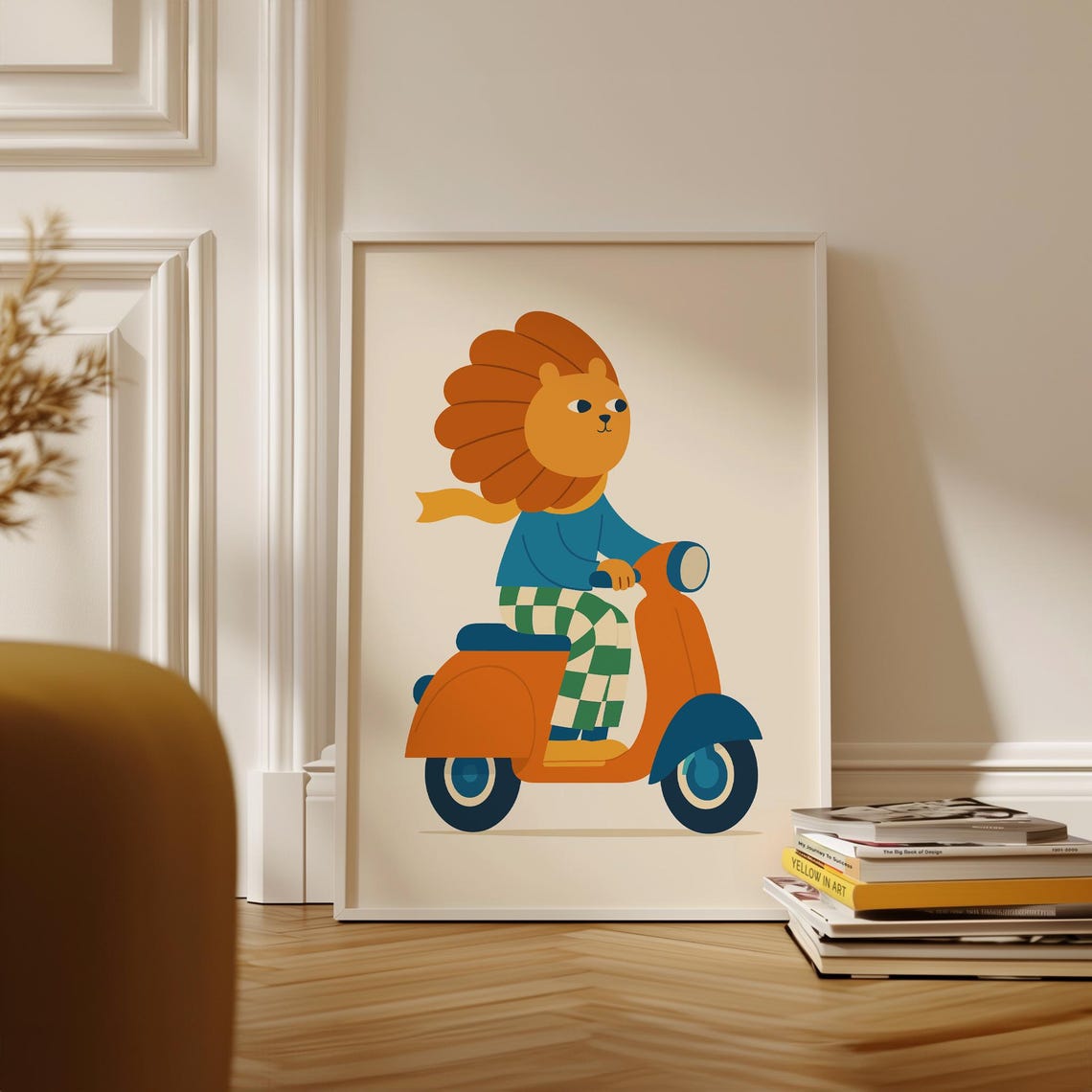 Cute Cartoon Lion Riding an Orange Scooter Kids Nursery Wall Poster