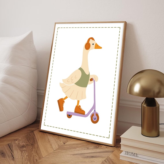 Goose Riding Scooter Headphones Funny Nursery Kids Art Poster