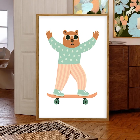 Skateboarding Bear In Sunglasses Cute Kids Room Animal Poster