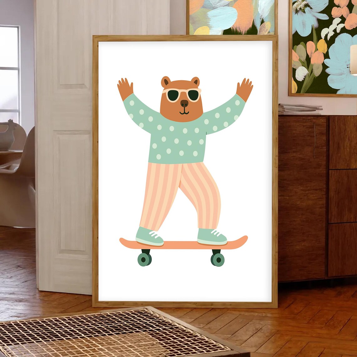 Skateboarding Bear In Sunglasses Cute Kids Room Animal Poster