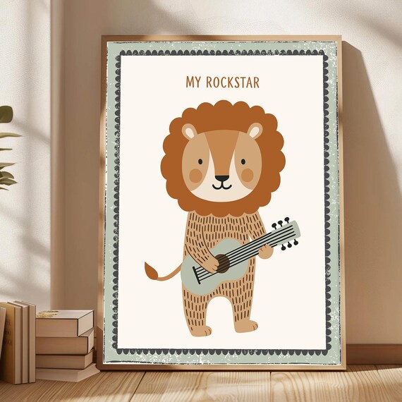 My Rockstar Lion Guitar Nursery Kids Room Whimsical Art Poster