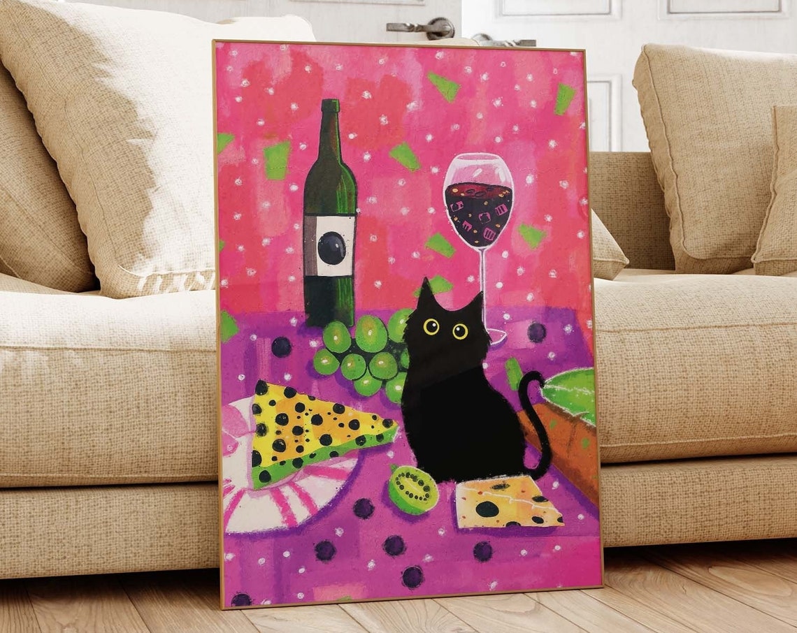 Black Cat With Wine Bottle And Cheese On A Vibrant Pink Poster