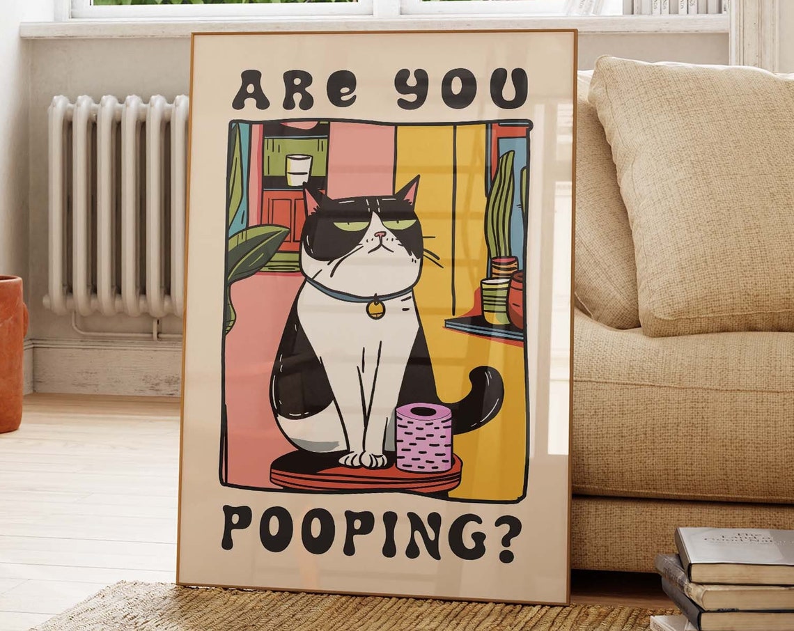 Are You Pooping Tuxedo Cat With Toilet Paper Retro Bathroom Poster