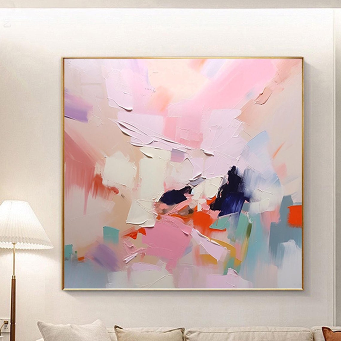 Soft Pink White Peach Abstract Painting Modern Living Room Wall Art