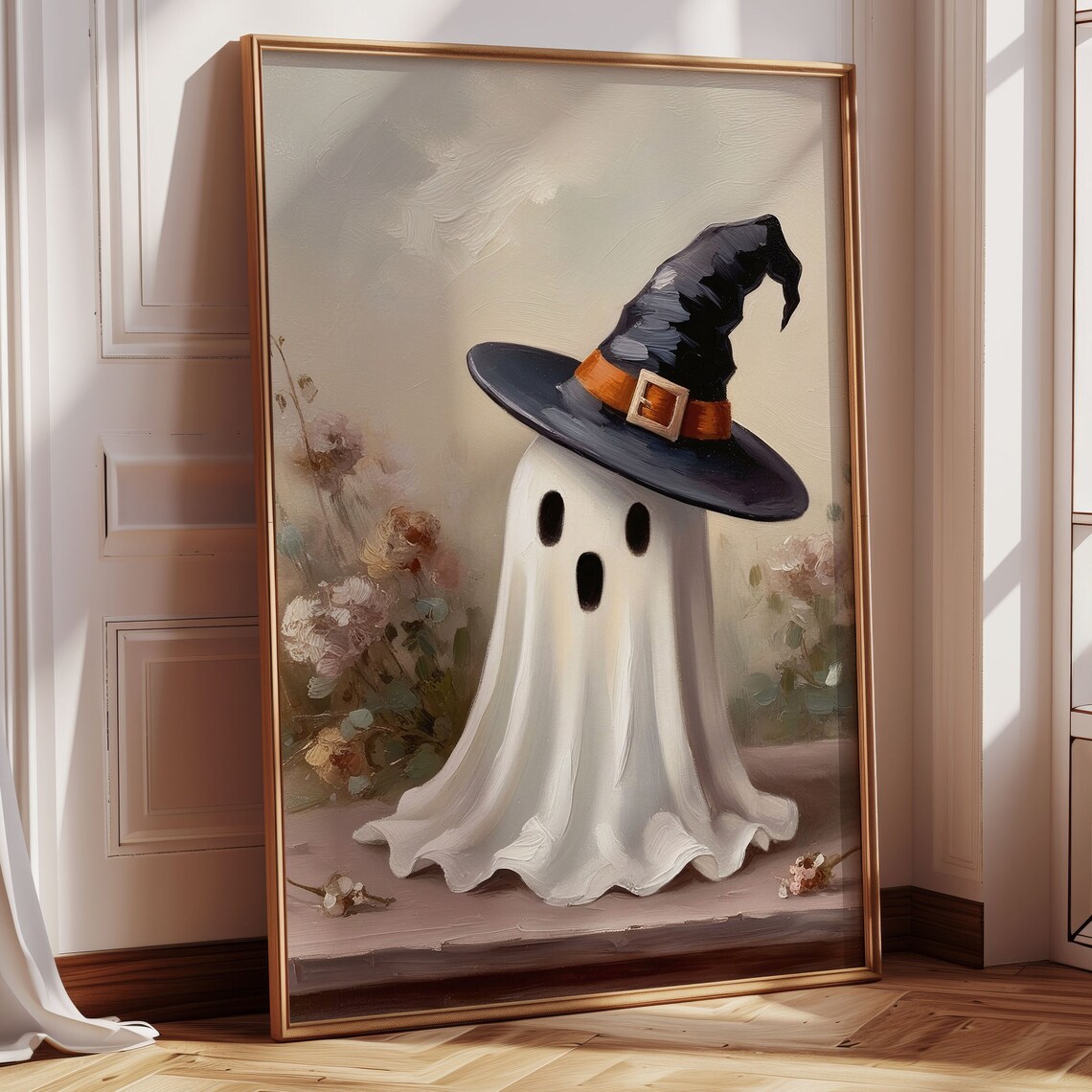 Cute Ghost In A Black Witch Hat With Roses Vintage Halloween Poster - Image 2