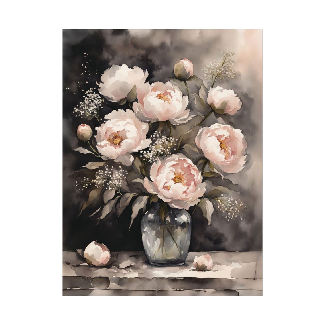 White Peonies in Glass Vase Moody Dark Still Life Floral Poster