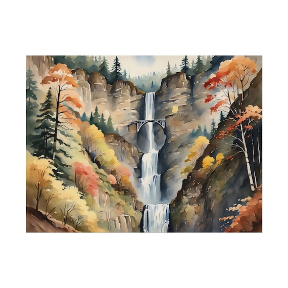 Multnomah Falls Landscape Print Oregon Autumn Watercolor Wall Art Fall Nature Matte Horizontal Poster