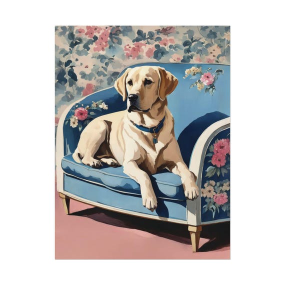 Blonde Labrador Art Print Blue Floral Chinoiserie Wall Dog Lover Poster Unique Gift Watercolor Painting Home Decor Maximalist