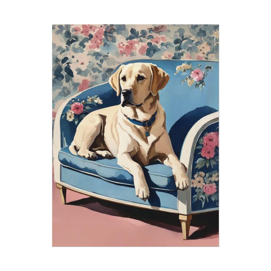 Yellow Labrador Blue Floral Sofa Pink Vintage Dog Art Poster