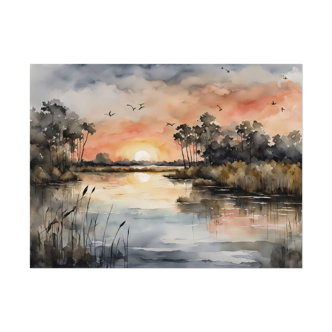 Florida Wetlands Sunset Watercolor Art Print