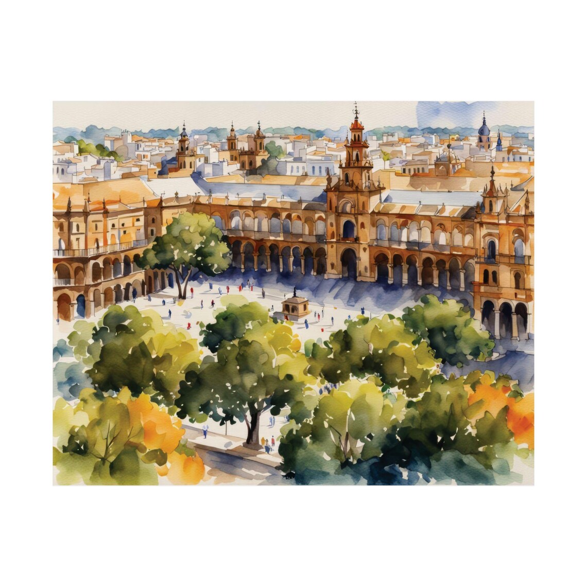 Plaza De Espana Seville Spain Aerial Watercolor Architecture Wall Art
