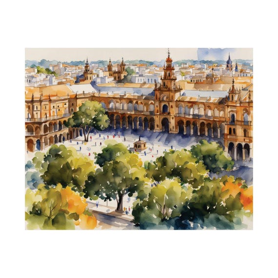 Spain Painting Seville Watercolor Art Print Plaza De Espana Wall Cityscape Travel Poster Summer Scene