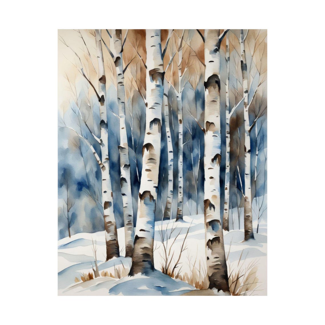 Winter Birch Forest Snow Watercolor Landscape Neutral Nature Poster