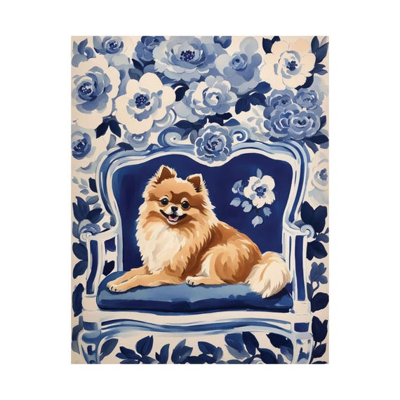 Brown Pomeranian Art Print Blue Floral Chinoiserie Wall Dog Lover Poster Gift Watercolor Painting Home Decor Unique