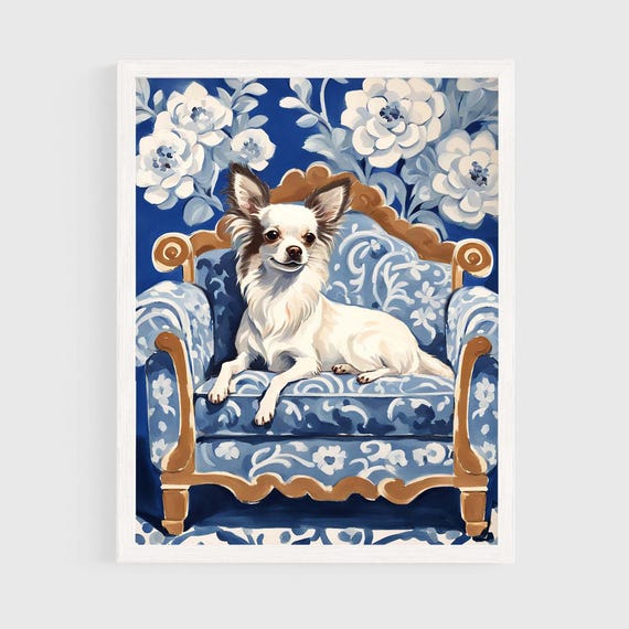 Long Hair White Chihuahua Art Print Blue Floral Chinoiserie Wall Dog Lover Poster Gouache Painting Home Decor