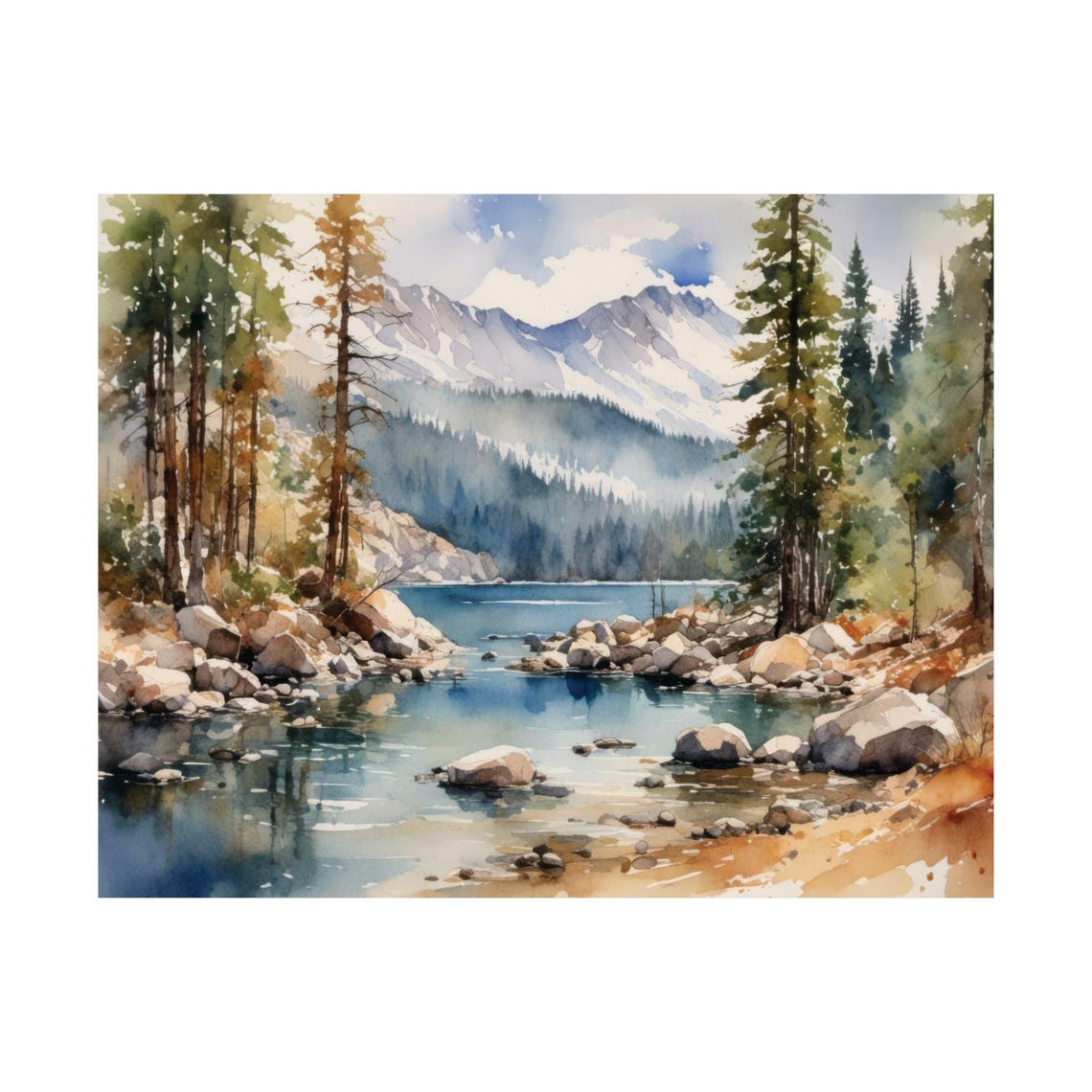 Snowcapped Mountain Lake with Pine Trees Watercolor Art Poster
