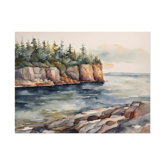 Rocky Cliff Shoreline Pine Forest Watercolor Lake Landscape Poster