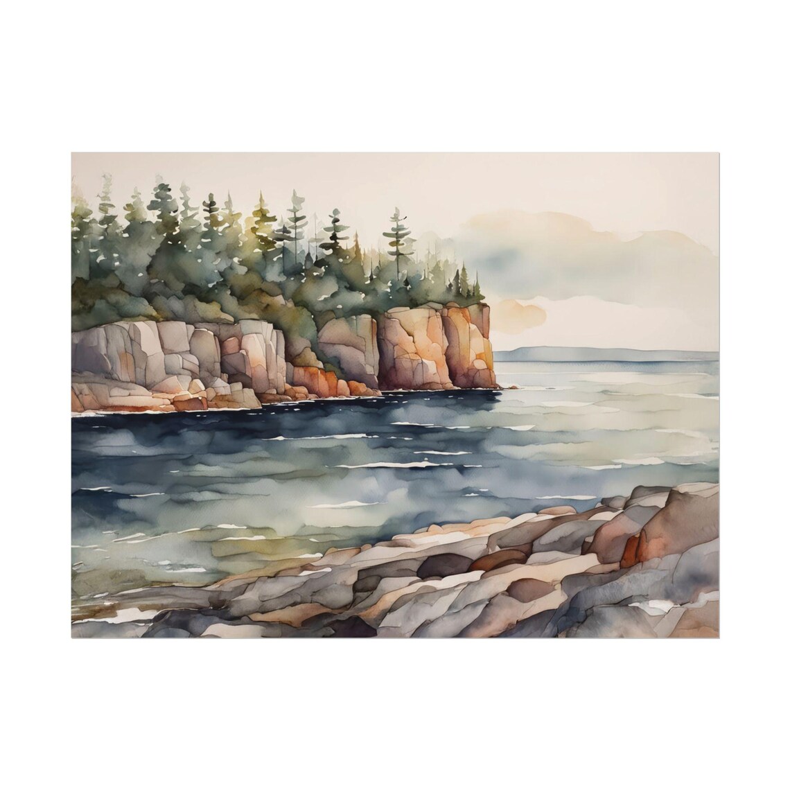 Rocky Cliff Shoreline Pine Forest Watercolor Lake Landscape Poster
