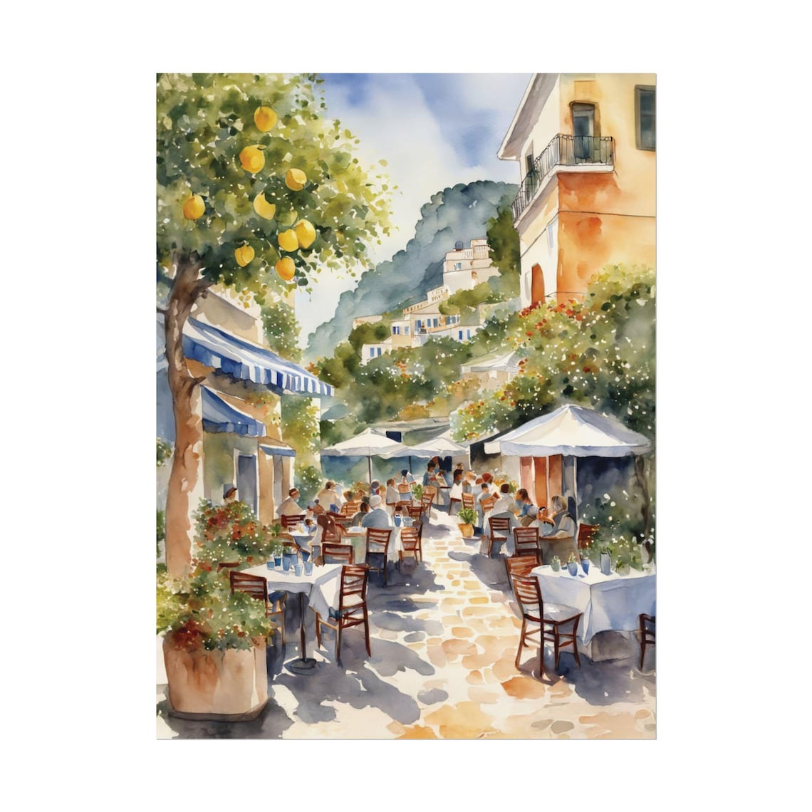 Capri Outdoor Cafe Watercolor Art Print, Italy
