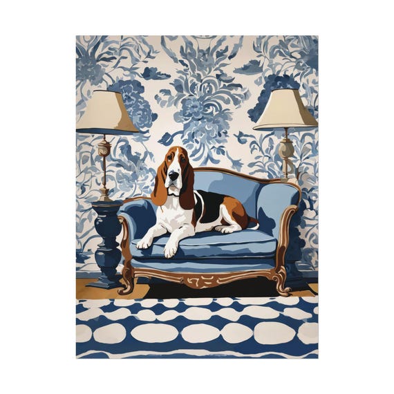 Basset Hound Art Print Nc3 Blue Wall Dog Lover Poster Gouachewatercolor Painting Maximalist