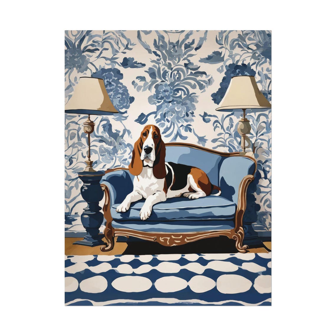 Basset Hound Blue Sofa Chinoiserie Wallpaper Dog Portrait Poster