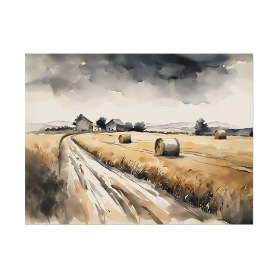 Neutral Autumn Countryside Landscape Painting Hay Bails Watercolor Print Farmhouse Haystacks Rustic Wall Art